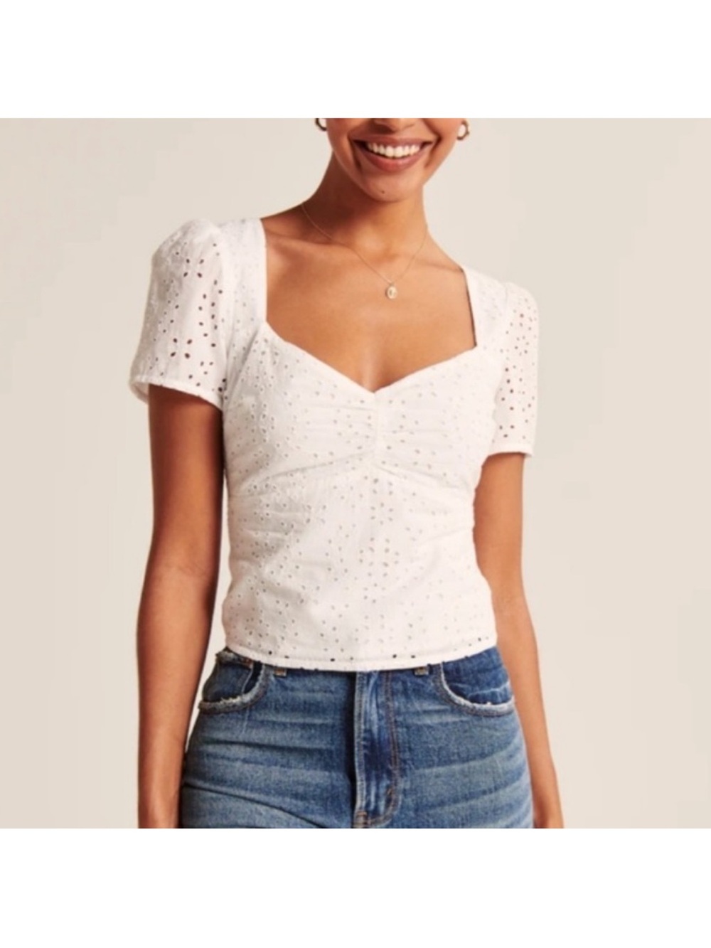 Abercrombie & Fitch White Eyelet Square-Neck Puff Sleeve Top